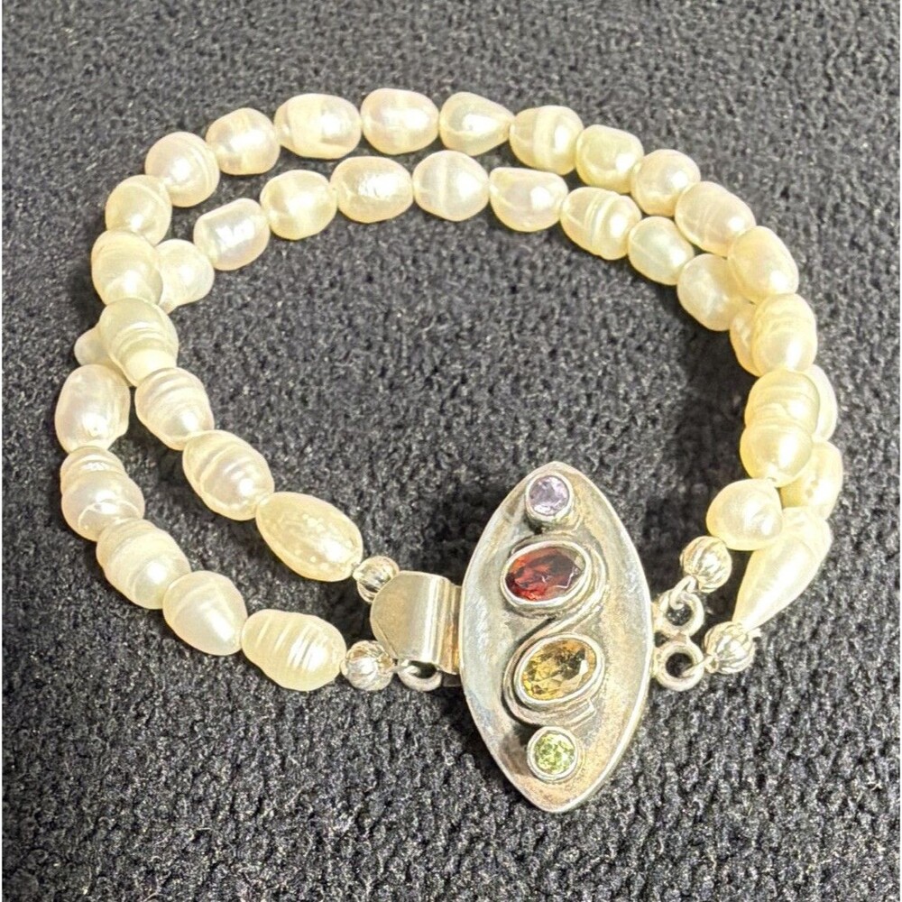 Strands Freshwater Pearls Bracelet, Sterling Slide Clasp w Semi Precious Stones